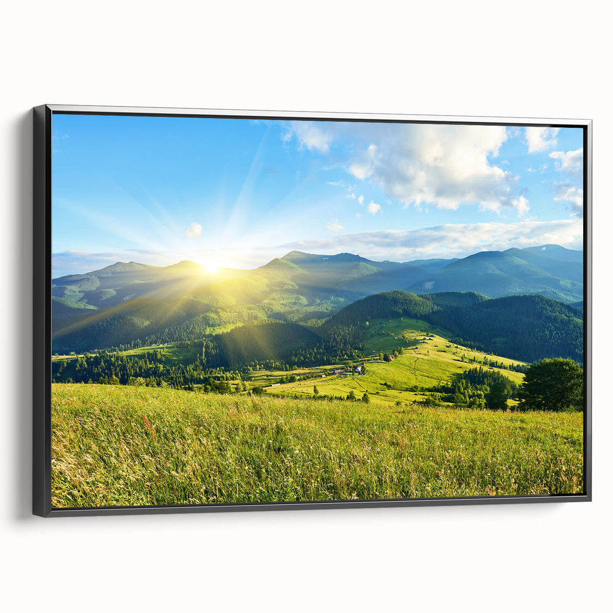 Framed canvas wall art showcasing a stunning mountain landscape design with vibrant colors and intricate details, set against a sleek black frame, ideal for home decor.