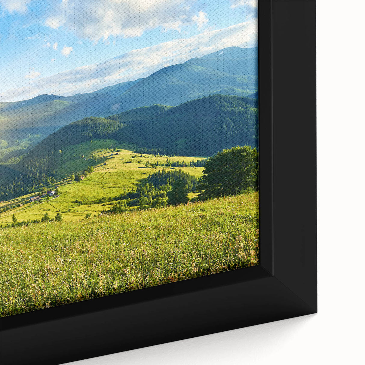 Framed canvas artwork showcasing a stunning mountain landscape design with vibrant colors and intricate details, perfect for home decor or office ambiance.