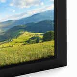 Framed canvas artwork showcasing a stunning mountain landscape design with vibrant colors and intricate details, perfect for home decor or office ambiance.