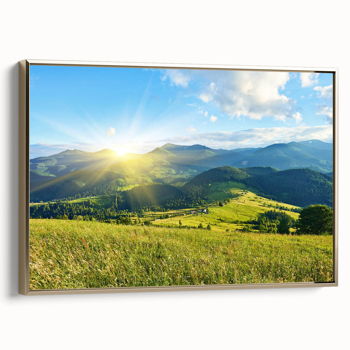 Framed canvas wall art featuring a stunning mountain landscape design with gold accents, showcasing vibrant colors and intricate details, ideal for home decor.