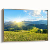 Framed canvas wall art featuring a stunning mountain landscape design with gold accents, showcasing vibrant colors and intricate details, ideal for home decor.