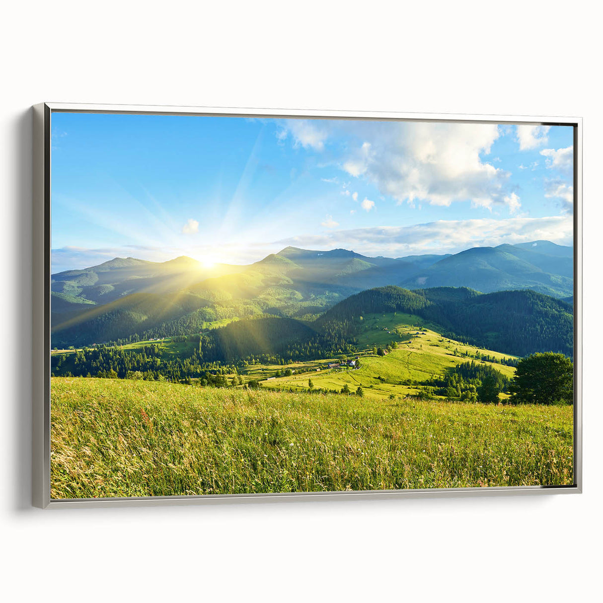 Framed wall art canvas showcasing a serene mountain landscape design with silver accents, perfect for enhancing home decor and creating a calming atmosphere.
