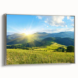 Framed wall art canvas showcasing a serene mountain landscape design with silver accents, perfect for enhancing home decor and creating a calming atmosphere.