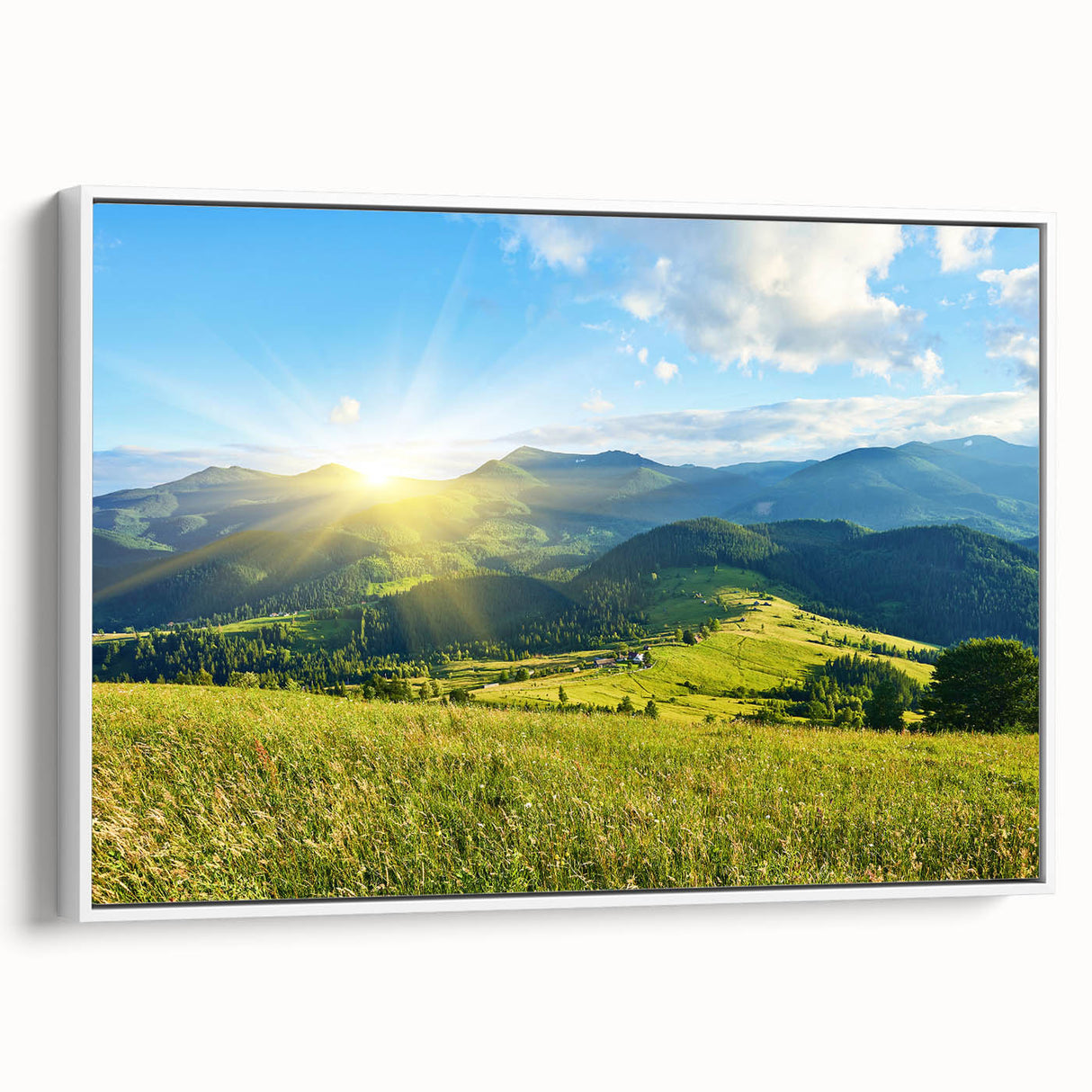 Framed canvas wall art showcasing a serene mountain landscape design with a white border, ideal for home decor, evoking tranquility and nature-inspired elegance.