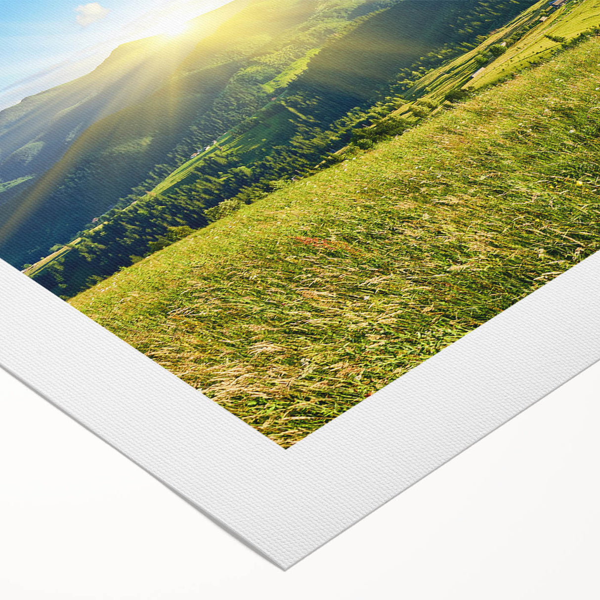 Stunning rolled canvas wall art depicting a serene mountain landscape with vibrant colors and intricate details, perfect for enhancing home decor.