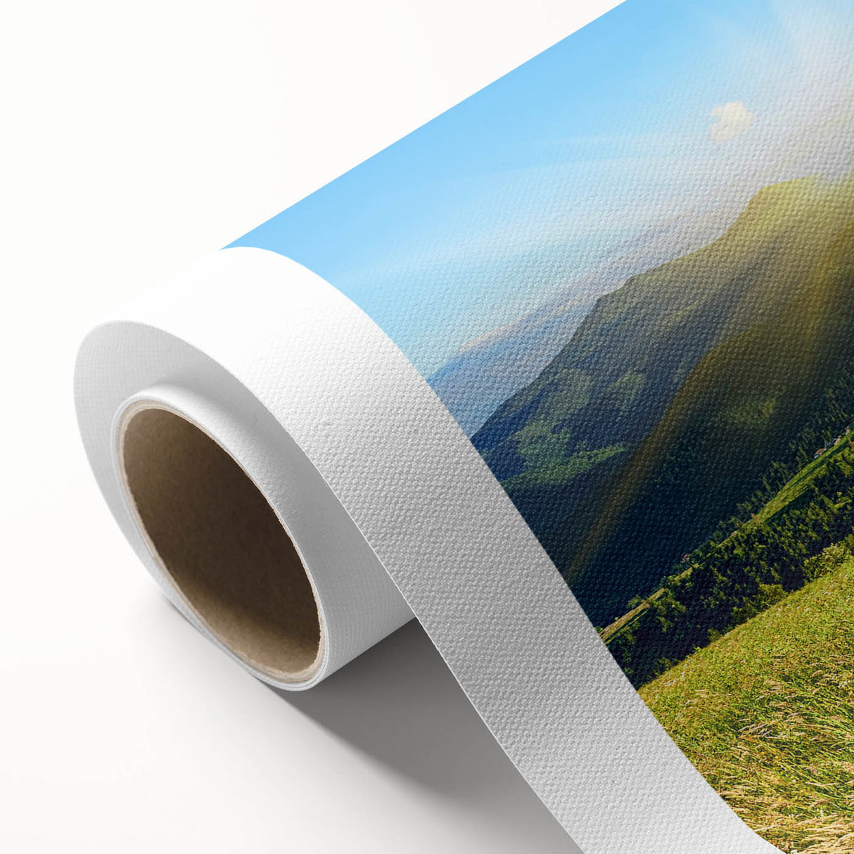 Vibrant rolled canvas artwork showcasing a majestic mountain landscape at sunset, rich in warm hues and intricate details, perfect for enhancing home decor.