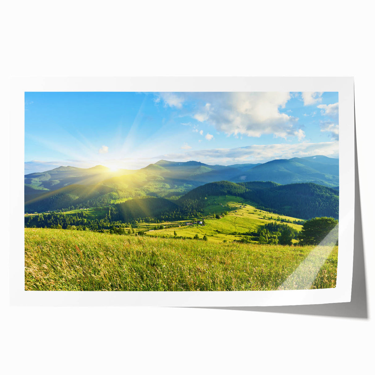 Stunning wall art print showcasing a vibrant mountain landscape design, featuring bold colors and intricate details, perfect for home decor or office spaces.
