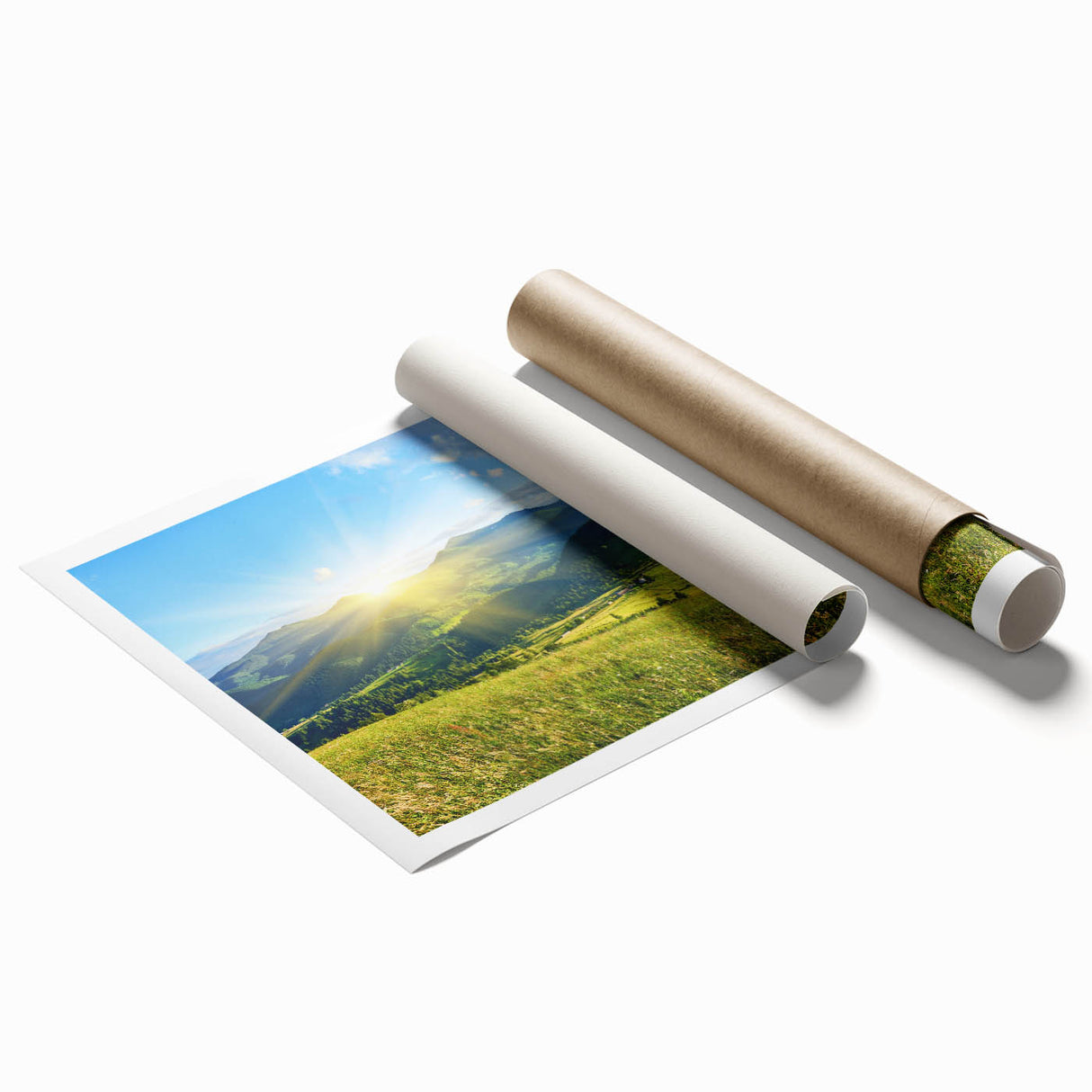 Stunning rolled print showcasing a serene mountain landscape with vibrant colors, perfect for home decor or office art. Ideal for nature lovers and mountain enthusiasts.