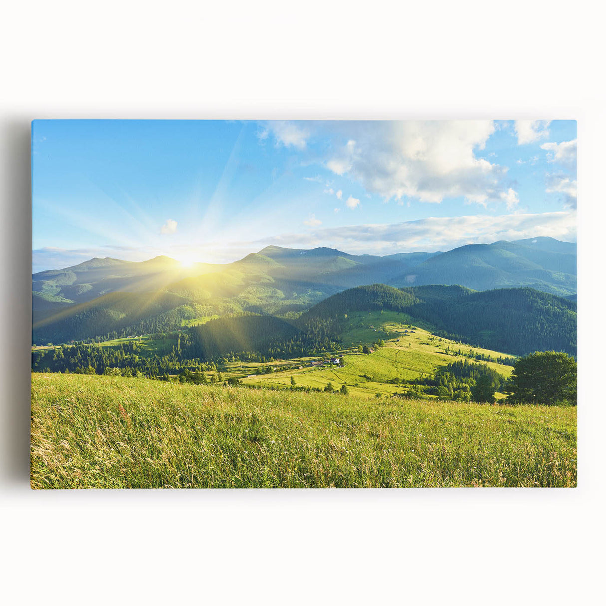 Stretched canvas wall art depicting a stunning mountain landscape with vibrant colors, ideal for home decor and adding a serene touch to any interior space.