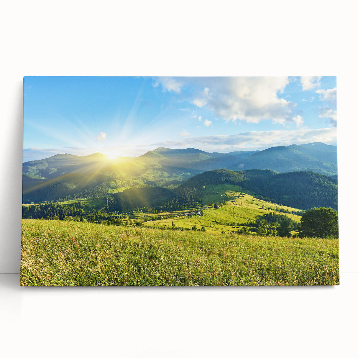 Stretched canvas wall art featuring a serene mountain landscape design, showcasing vibrant colors and intricate details, ideal for enhancing home decor.