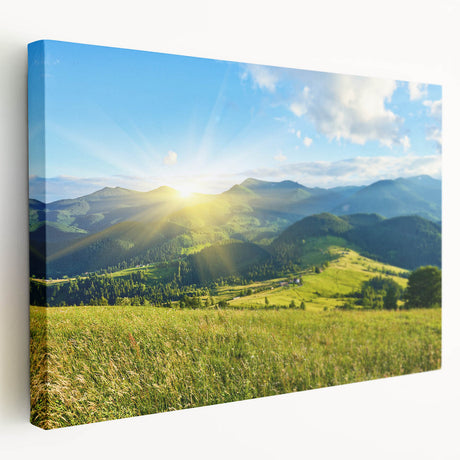 Stretched canvas wall art showcasing a serene mountain landscape design in soft blue and green hues, perfect for home decor and nature enthusiasts.