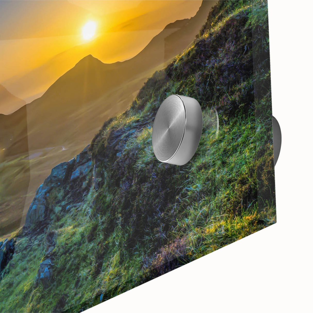 Close-up of a vibrant acrylic glass wall art piece showcasing a stunning mountain landscape design, featuring rich colors and intricate details, ideal for home decor.