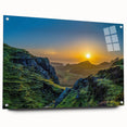 Acrylic glass wall art design showcasing a stunning mountain landscape, displayed from a side view with decorative pins. Perfect for enhancing modern decor.