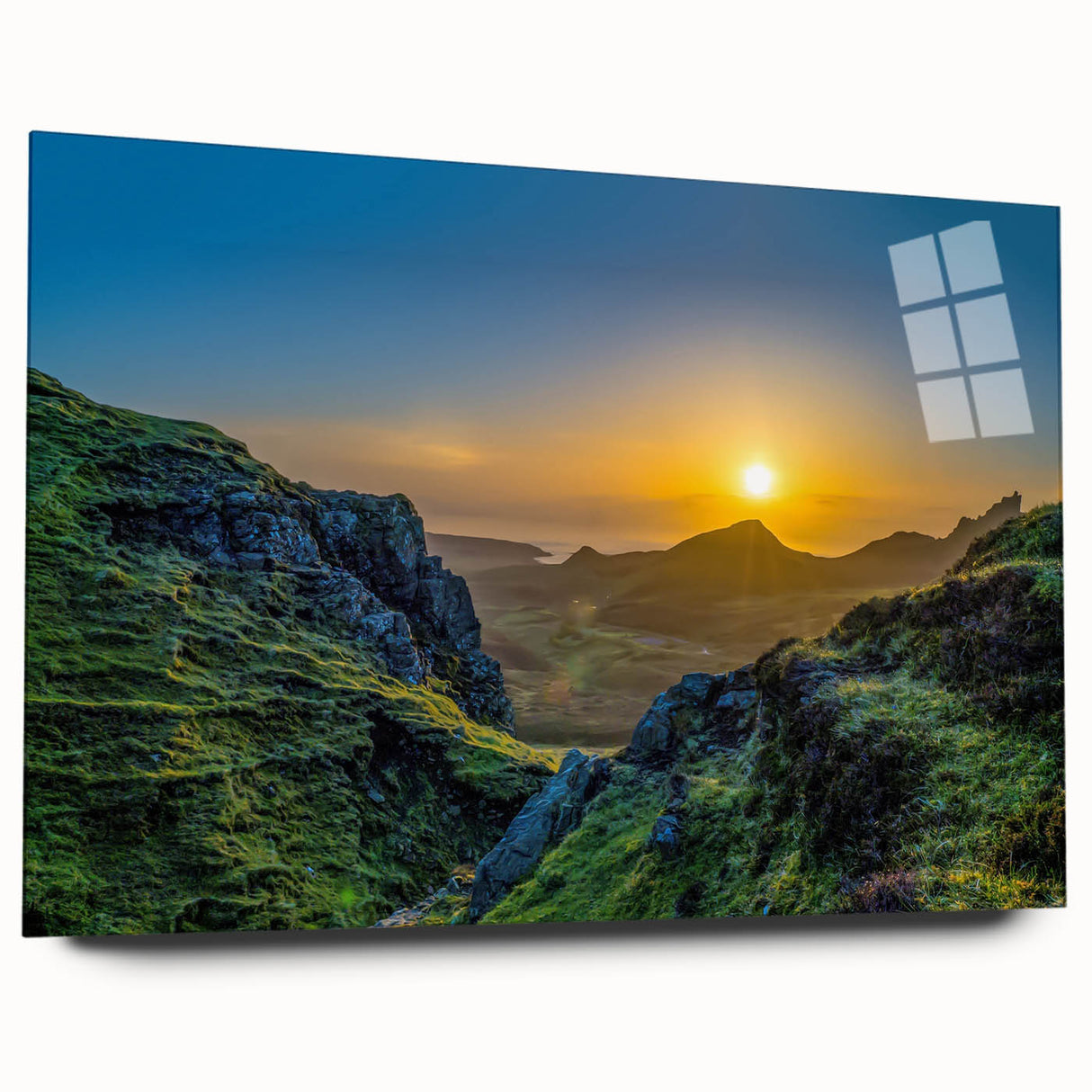 Acrylic glass wall art featuring a stunning mountain landscape design, showcasing vibrant colors and intricate details, perfect for contemporary home decor.