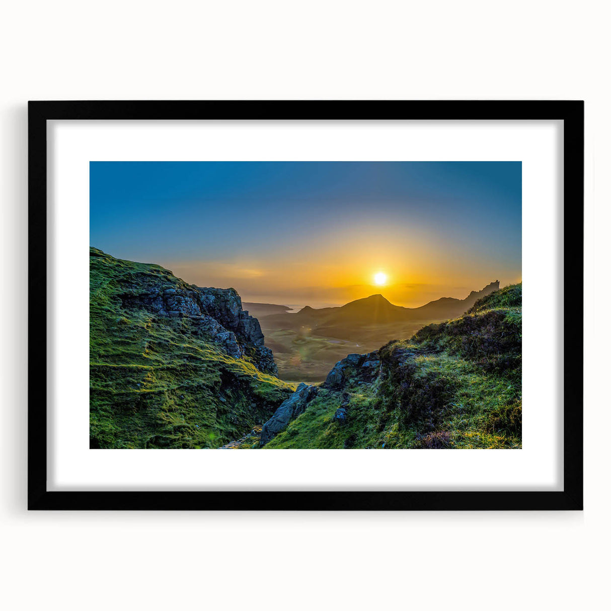 Black-framed landscape wall art featuring majestic mountains and serene nature, designed to enhance home decor with a modern touch. Perfect for nature lovers.