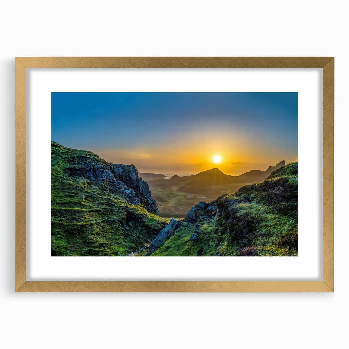 Framed wall art featuring a stunning mountain landscape design in gold accents, ideal for home decor, with a modern mat finish enhancing its elegance. This captivating piece brings nature indoors, perfect for creating a serene atmosphere in any room.
