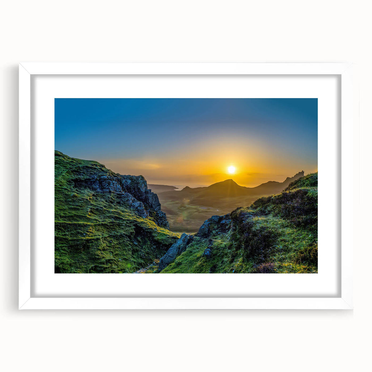 Framed wall art showcasing a stunning mountain landscape design with a white matting, perfect for home decor to enhance a calming ambiance. This piece adds a serene touch to any room, ideal for nature lovers.
