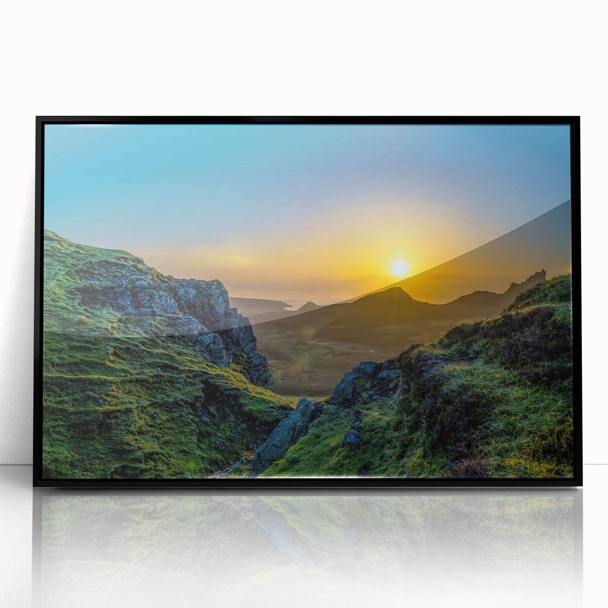 Framed wall art collection showcasing a stunning mountain landscape design with vibrant colors and intricate details, presented in a sleek black frame for modern decor.