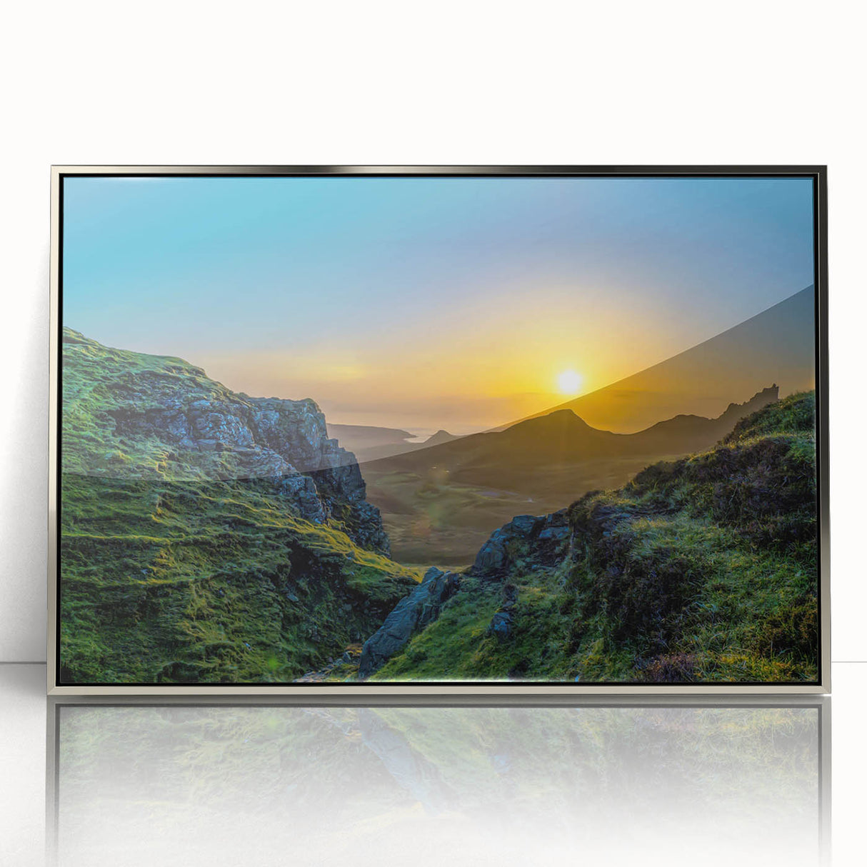 Framed wall art showcasing a stunning mountain landscape design with vibrant colors and a sleek silver frame, perfect for enhancing home decor aesthetics.
