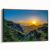 Framed canvas wall art showcasing a stunning mountain landscape design with rich colors and intricate details, presented in a sleek black frame for an elegant touch.