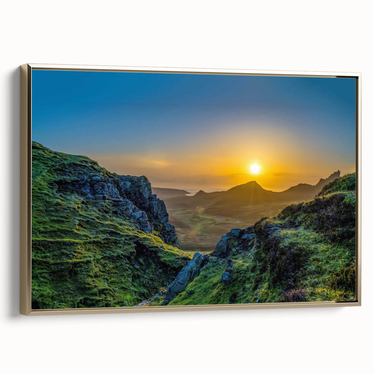 Framed canvas wall art showcasing a stunning mountain landscape design with vibrant colors, set against a gold frame, perfect for enhancing home decor.