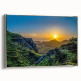 Framed canvas wall art featuring a stunning mountain landscape design with vibrant colors and silver accents, ideal for home decor and nature lovers.