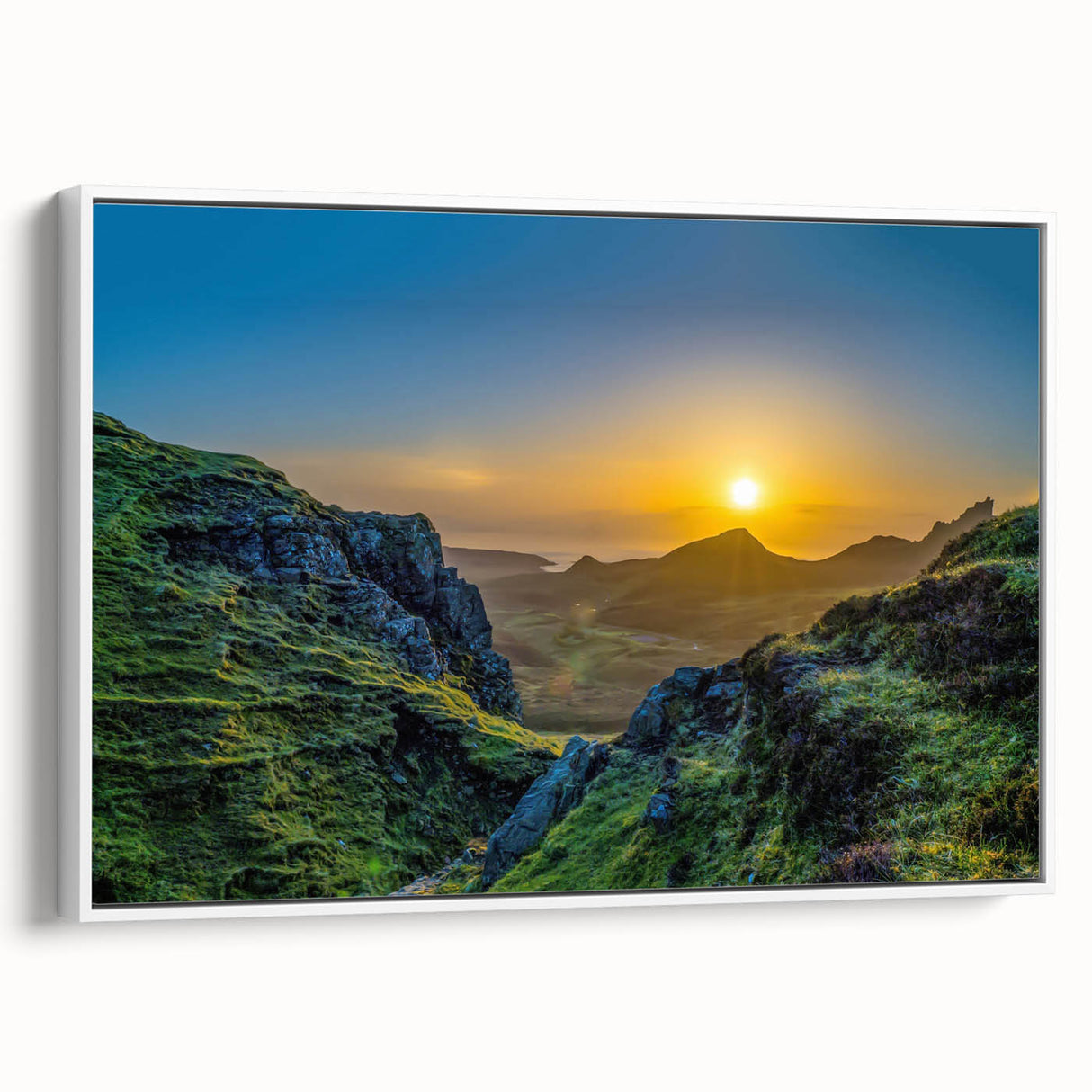 Framed canvas wall art showcasing a stunning mountain landscape design, featuring vibrant colors and intricate details, perfect for home decor.