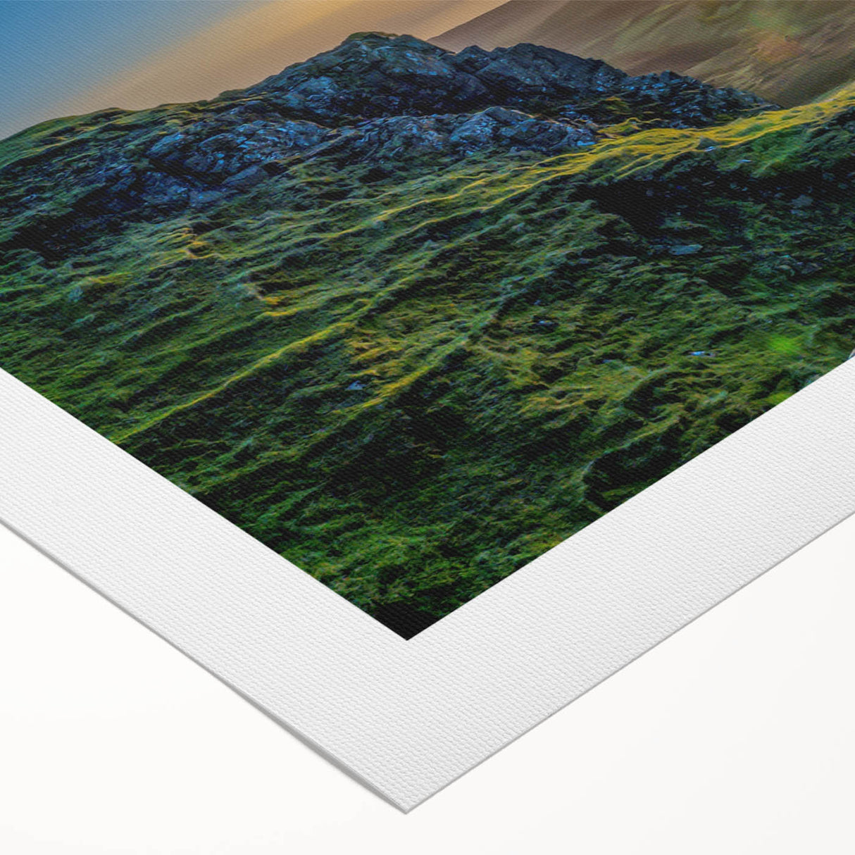 Stunning rolled canvas wall art showcasing a vibrant mountain landscape, featuring rich colors and intricate details, perfect for enhancing home decor.