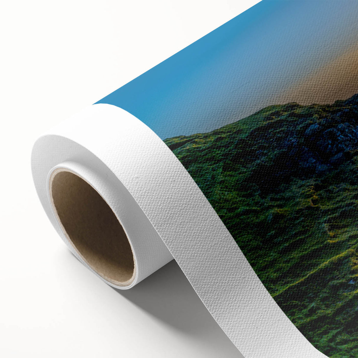 Stunning wall art design featuring a picturesque landscape of majestic mountains under a vibrant blue sky, printed on rolled canvas for easy display.