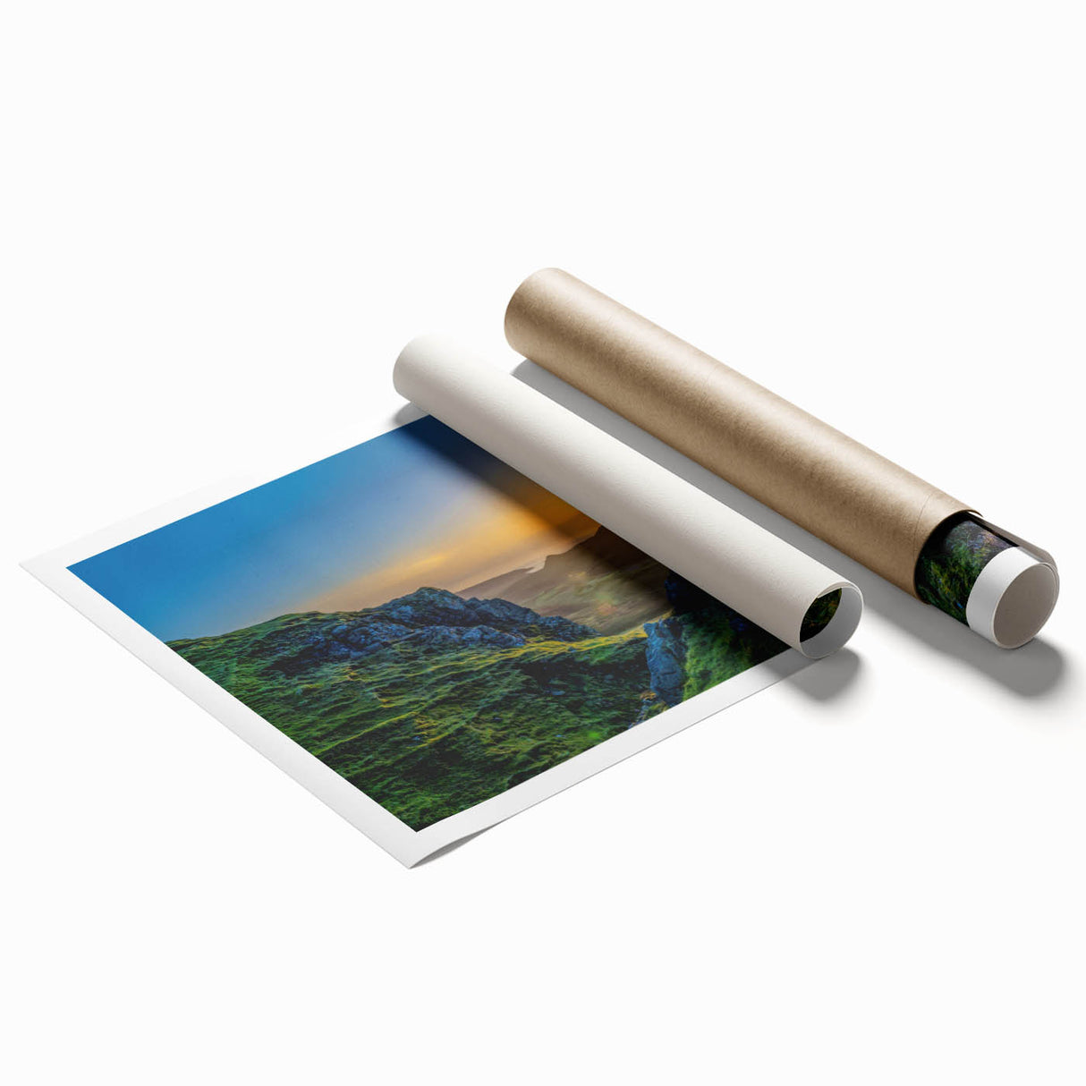 Stunning rolled print of a serene mountain landscape, showcasing vibrant colors and intricate details, perfect for enhancing home decor or office spaces.