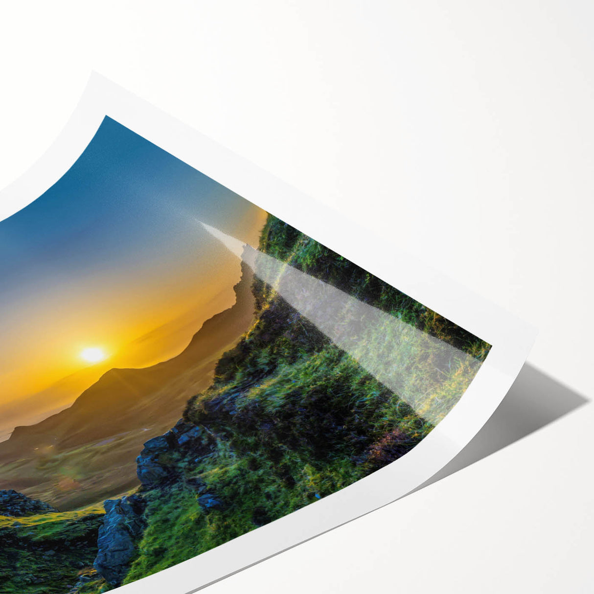 Vibrant landscape wall art print showcasing majestic mountains in a serene setting, ideal for home decor, featuring rich colors and intricate details, rolled for easy framing.