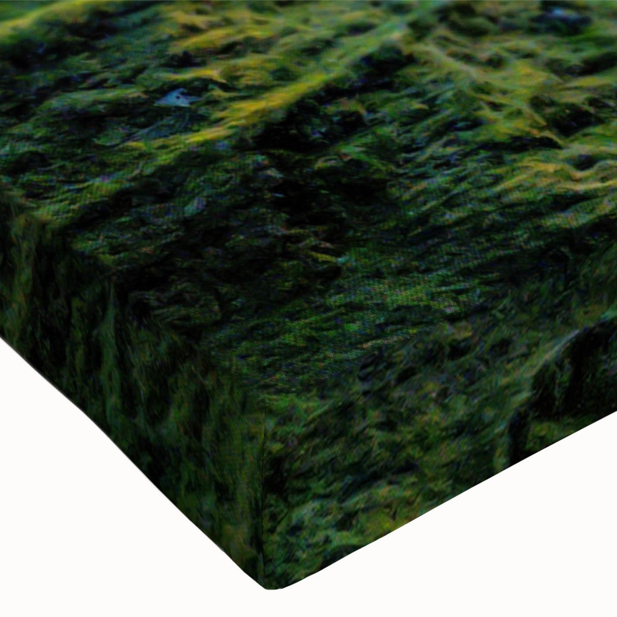 Close-up of a stretched canvas wall art piece showcasing a vibrant mountain landscape design, featuring rich colors and intricate details ideal for home decor.