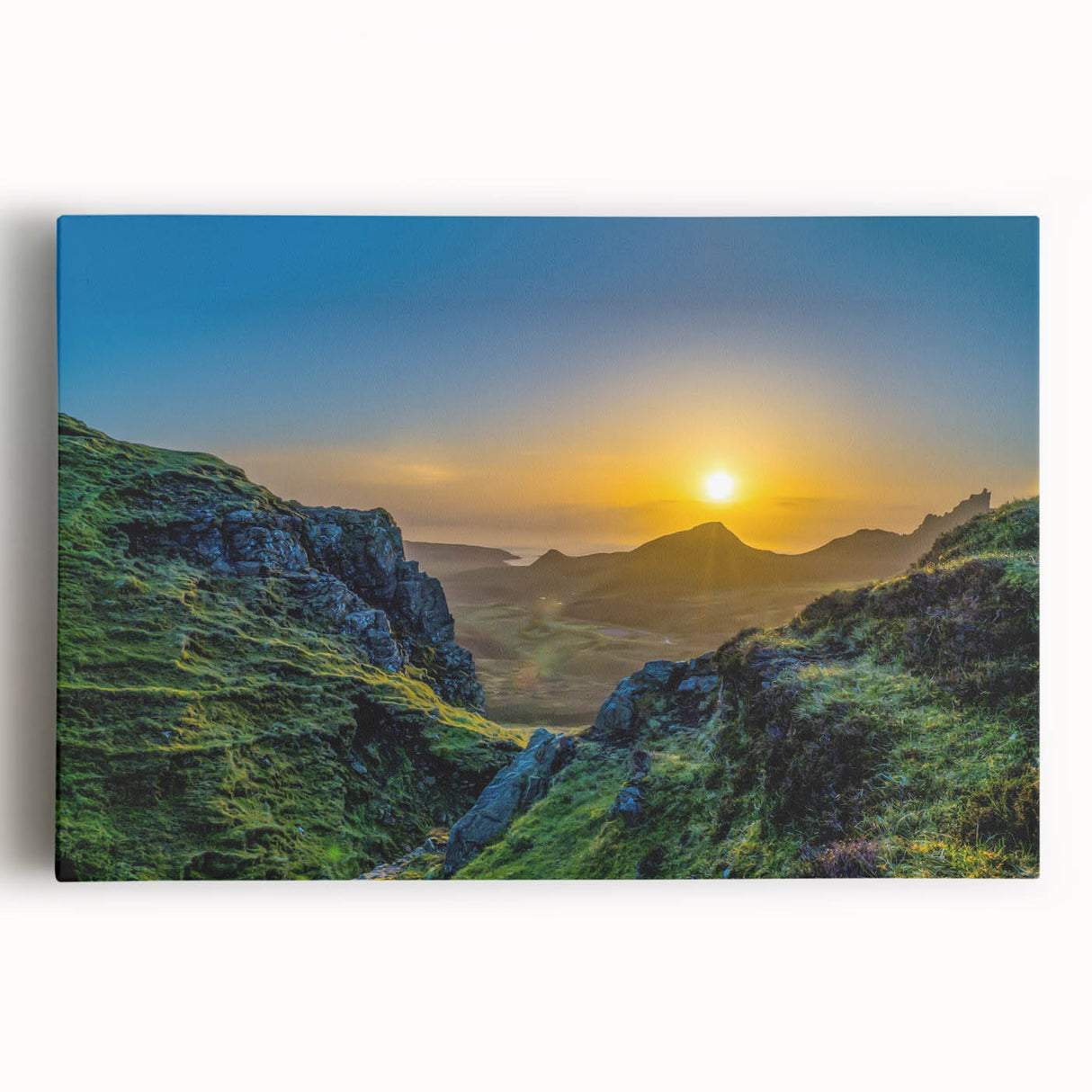Stretched canvas wall art showcasing a serene mountain landscape in vibrant hues, perfect for home decor. Ideal for nature lovers seeking tranquility.