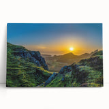 Stretched canvas wall art showcasing a serene mountain landscape design, featuring soft blue and green hues, perfect for home decor and enhancing interior spaces.