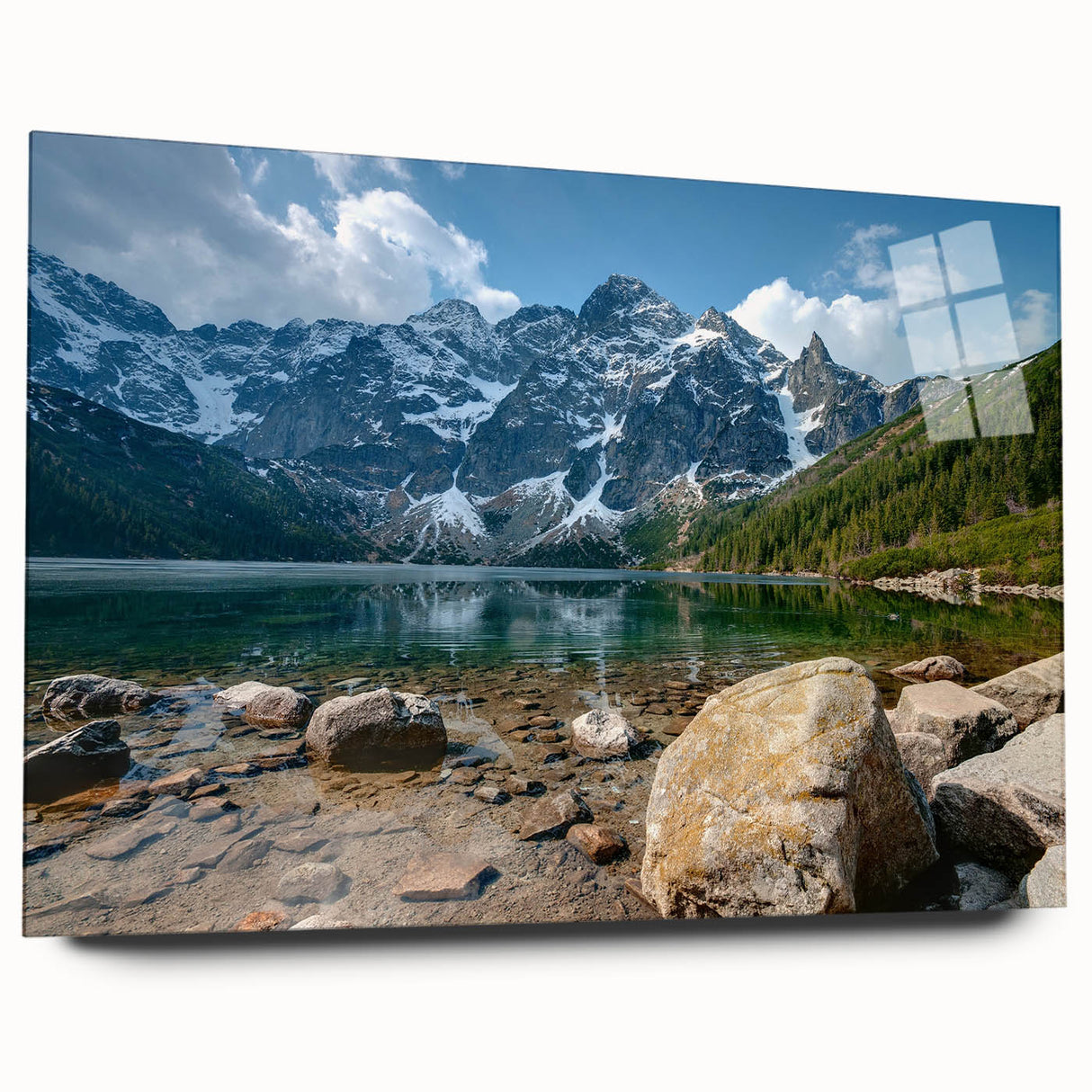 Acrylic glass wall art showcasing a stunning mountain landscape design, featuring vibrant colors and intricate details, ideal for enhancing modern home decor.