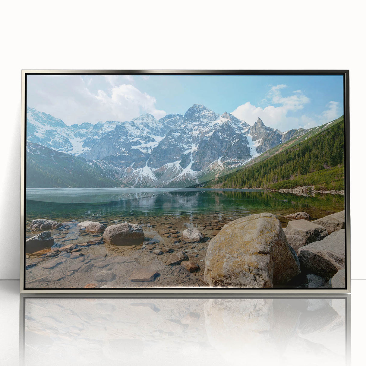 Framed acrylic wall art showcasing a stunning mountain landscape design, featuring vibrant colors and a sleek silver frame, perfect for modern decor.