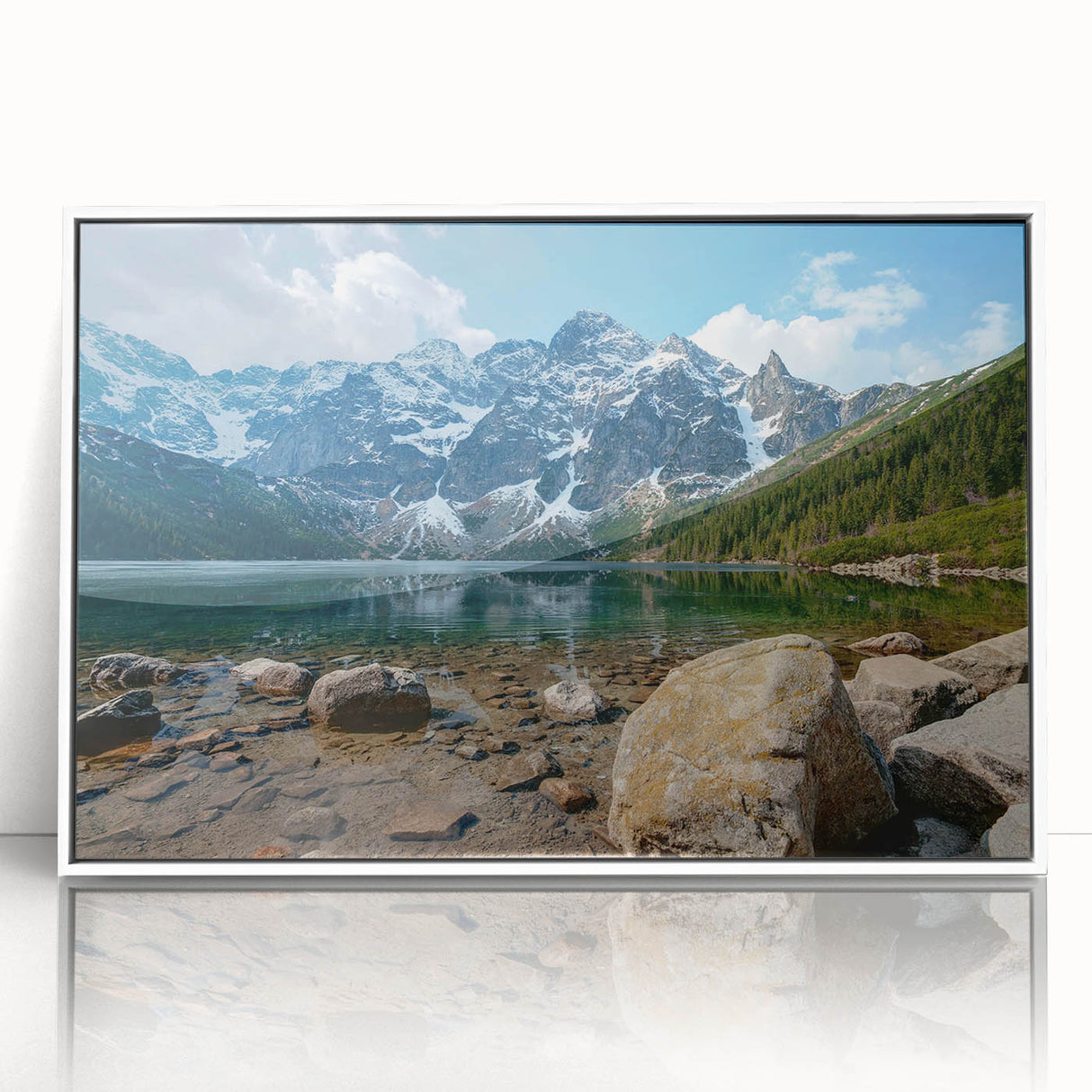 Framed acrylic wall art displaying a serene mountain landscape design with vibrant colors, perfect for home decor or office settings, showcasing nature's beauty.
