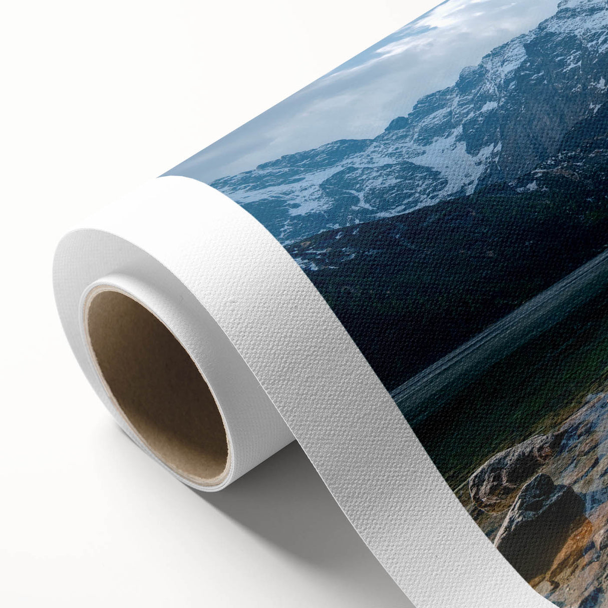 Stunning rolled canvas artwork showcasing a vibrant mountain landscape design, featuring rich colors and detailed textures, perfect for home decor.