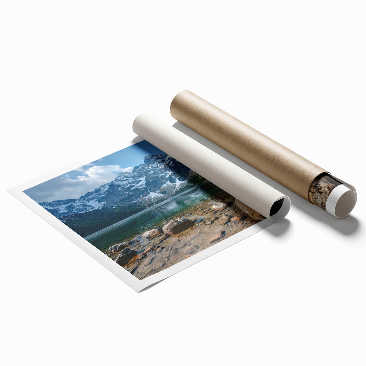 Stunning rolled print of a mountain landscape design, featuring vibrant colors and intricate details, perfect for home decor or artistic display.