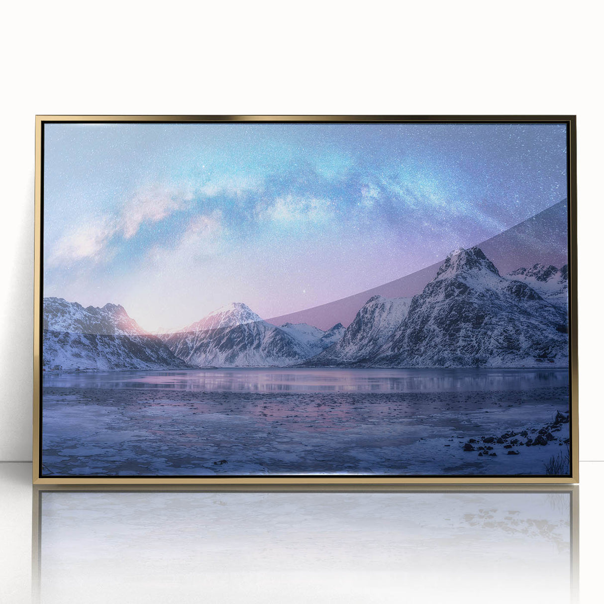 Framed acrylic wall art showcasing a stunning mountain landscape design with gold accents, perfect for adding elegance to home decor. Ideal for nature lovers.