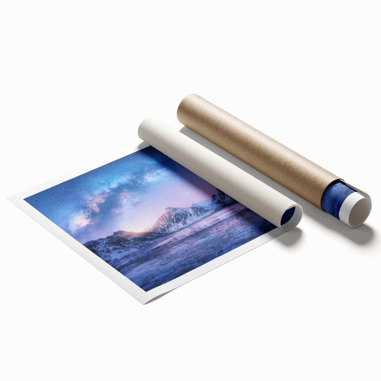 Vibrant rolled print of a majestic mountain landscape, showcasing rich colors and intricate details, ideal for enhancing home decor and creating a serene atmosphere.