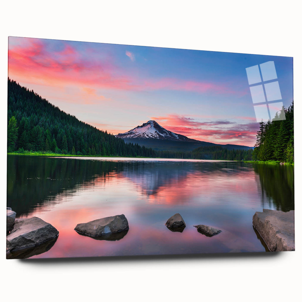 Acrylic glass wall art showcasing a stunning mountain landscape in vibrant colors, designed for display without pins, ideal for modern home decor.