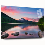 Acrylic glass wall art showcasing a stunning mountain landscape in vibrant colors, designed for display without pins, ideal for modern home decor.