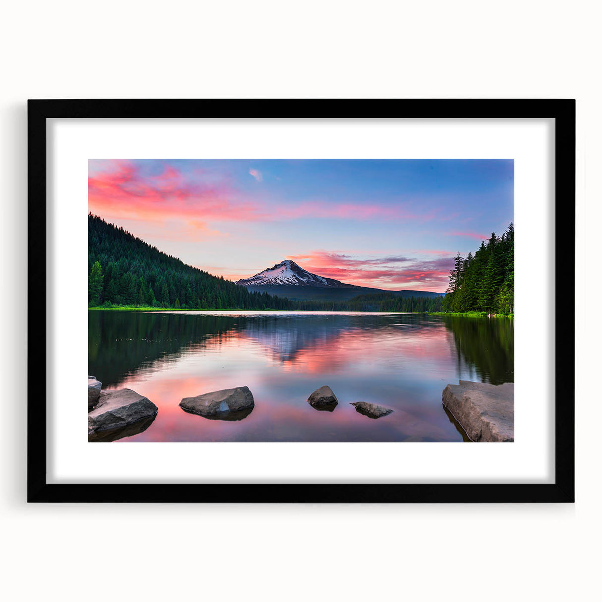 Framed wall art featuring a stunning mountain landscape design in black matting, showcasing vibrant colors and intricate details, perfect for home decor.