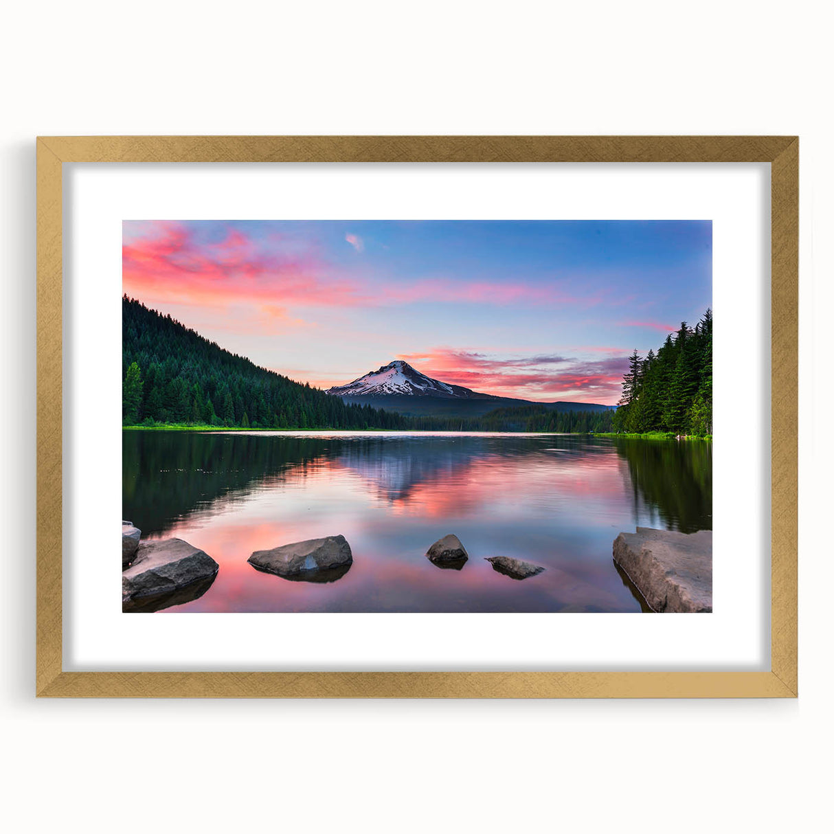 Framed wall art featuring a stunning mountain landscape design, showcasing rich colors and intricate details, with a gold matting that enhances its elegance.