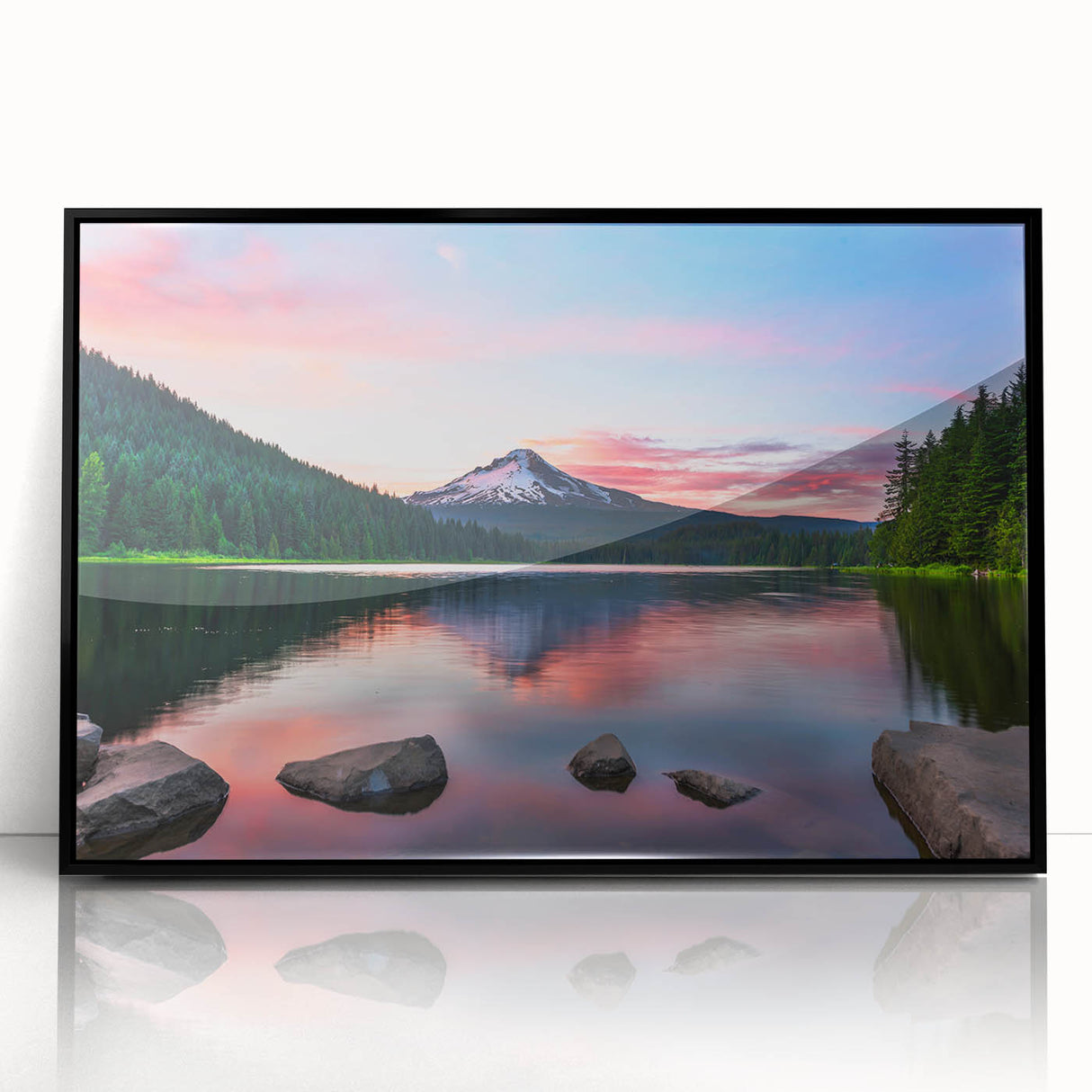 Framed acrylic wall art featuring a stunning mountain landscape design in black, showcasing vibrant colors and intricate details, perfect for home decor.