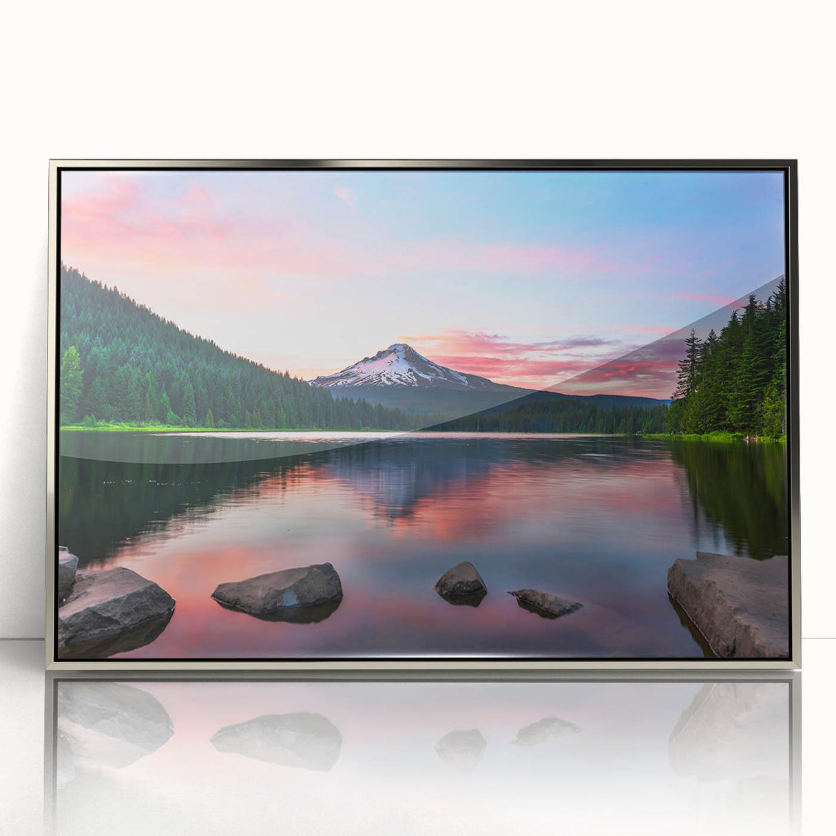 Framed acrylic wall art depicting a serene mountain landscape with vibrant colors, showcasing intricate details and textures, perfect for home decor.