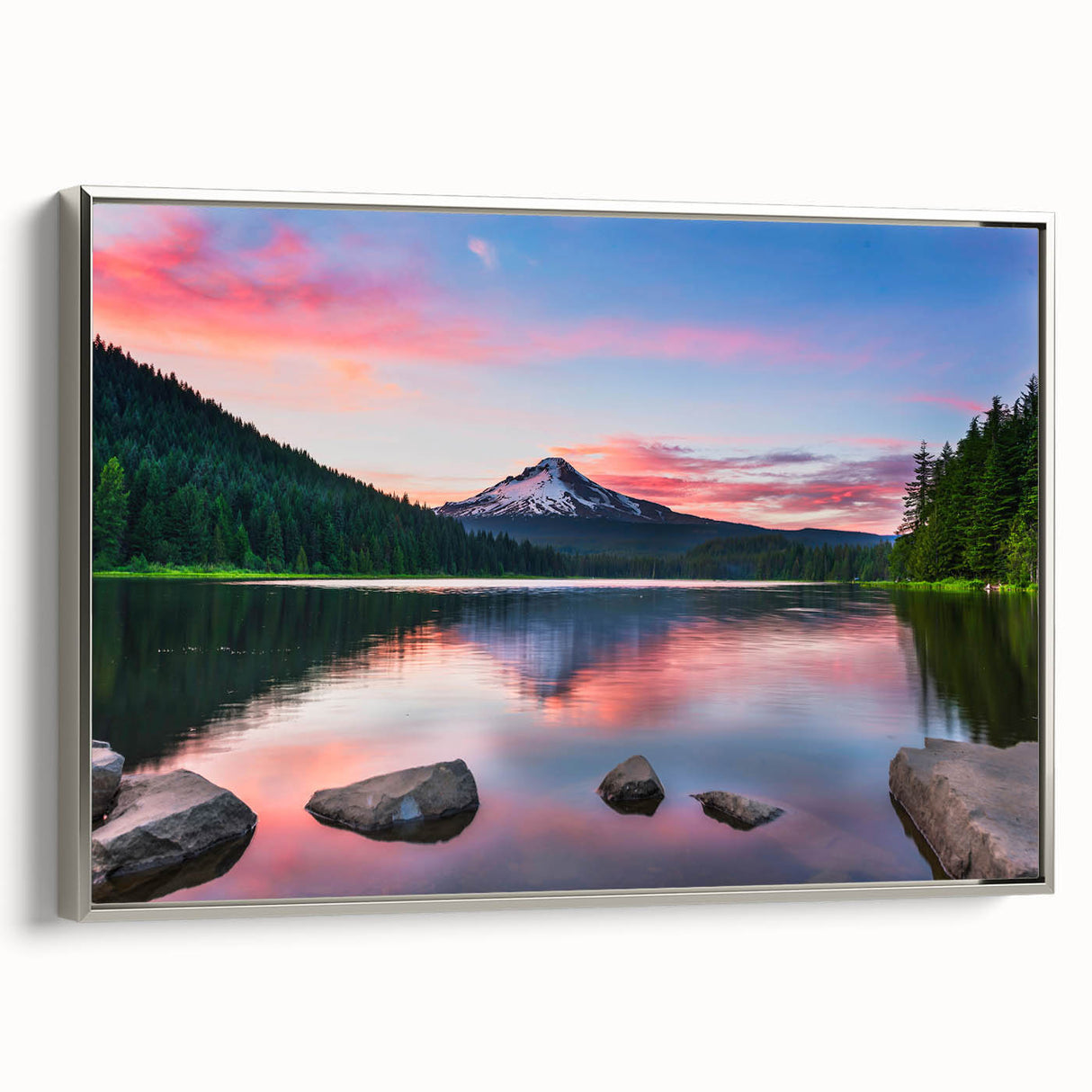 Framed canvas wall art showcasing a stunning mountain landscape design with silver accents, ideal for home decor or office spaces. The artwork captures serene natural beauty with vibrant colors and intricate details, enhancing any interior setting.