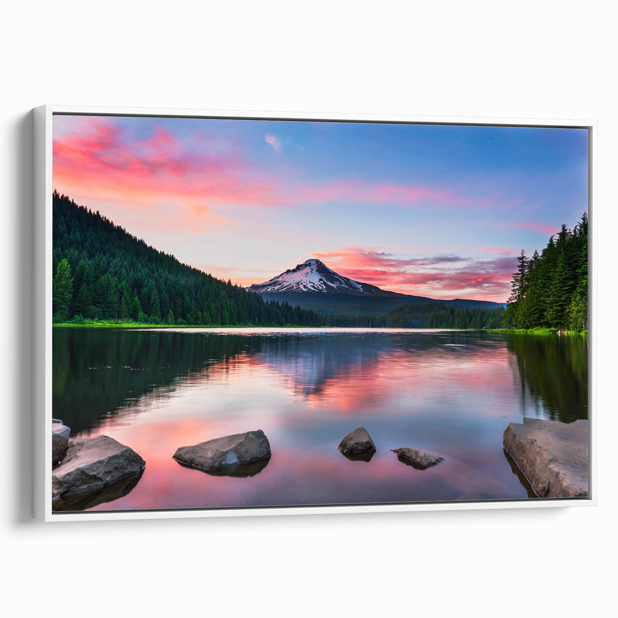 Framed canvas wall art showcasing a serene mountain landscape design with soft blue and green hues, perfect for enhancing modern home decor.