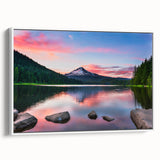 Framed canvas wall art showcasing a serene mountain landscape design with soft blue and green hues, perfect for enhancing modern home decor.